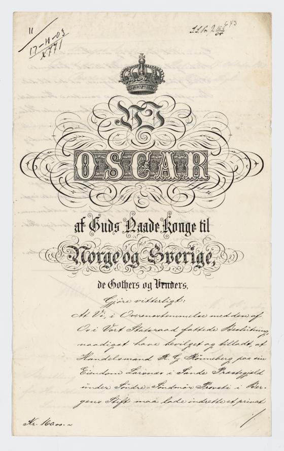 Framsida av brev frå Kong Oscar II