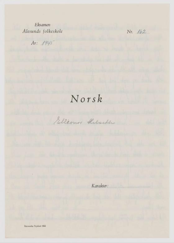 Bilde av ei eksamensframside i norsk, våren 1945