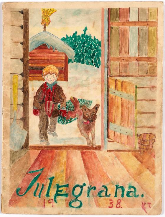 Teikna bilde av ein gut og ein hund i ei døropning, vinterkledd med juletre