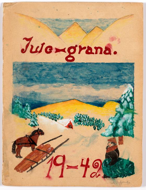 Teikning av eit vinterlandskap med henting av juletre med hest og slede