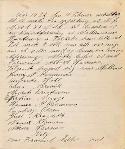 Handskriven første side i møteprotokollen 10. februar 1932 - her vart kvinneforeininga danna