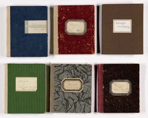 6 små notatbøker i forskjellige fargar med handskriven merkelapp på