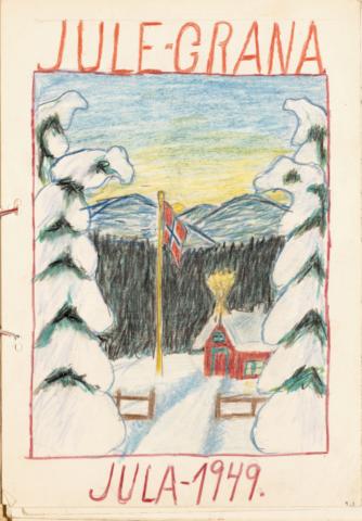 Teikning av julepynta hus i snø med heist flagg og solnedgang bak fjella